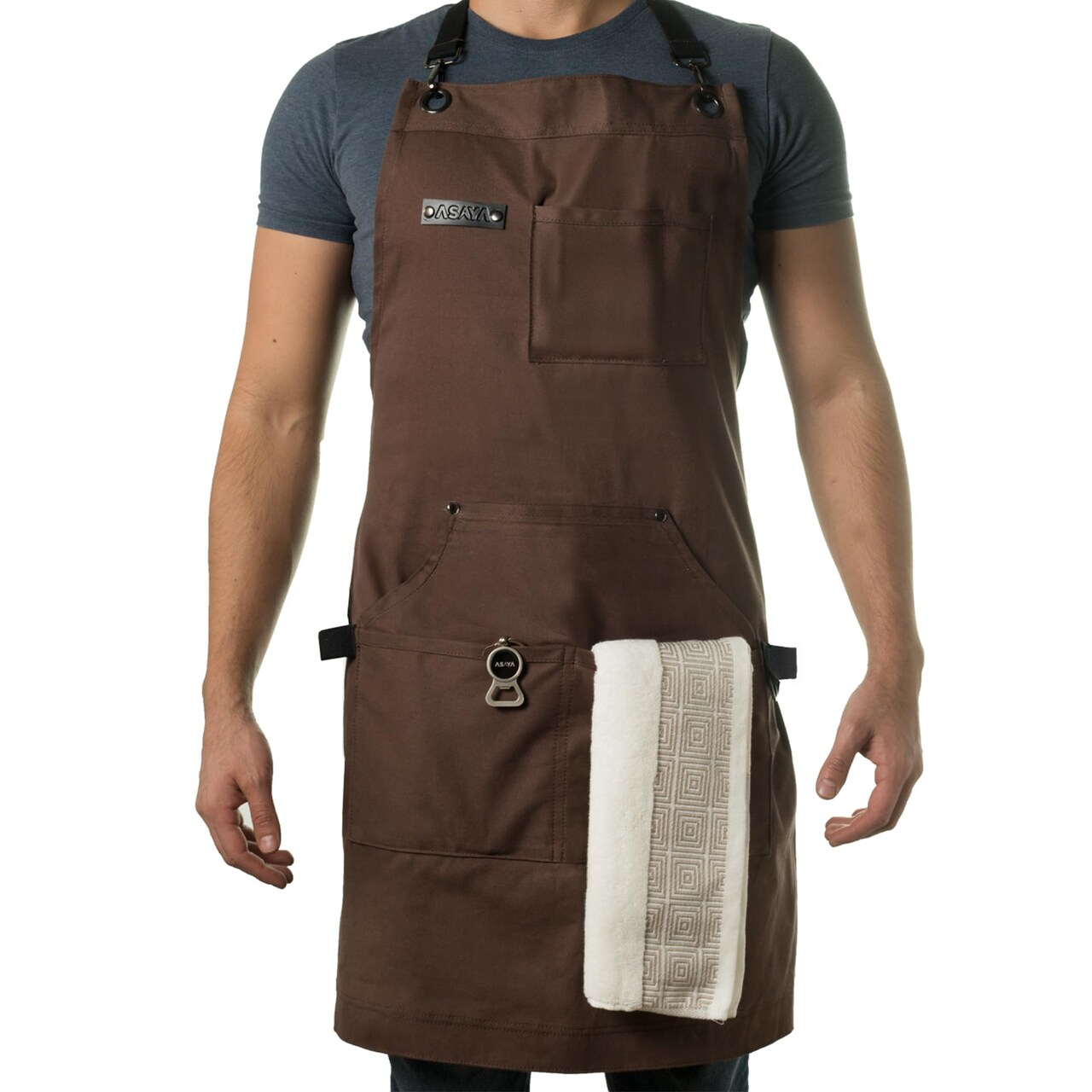 Chef, BBQ and Work Apron with Bottle Opener and Hand Towel - Durable 10oz Cotton Canvas, Brass Hardware and Cross Back Straps - For Men, Women, Grilling, and Cooking (Brown)
